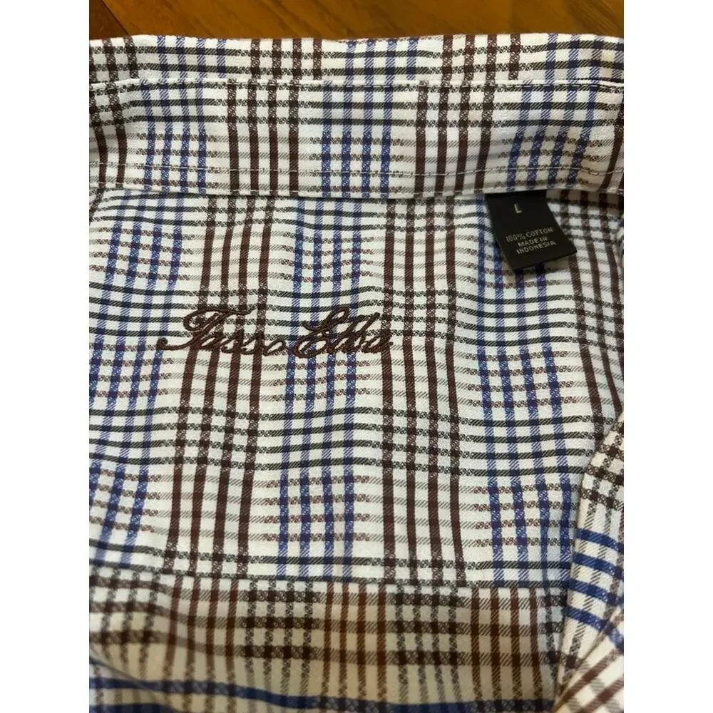 Brown Blue Plaid Tasso Elba Long-Sleeve Button-Down Oxford Shirt‎ - (Mens L)